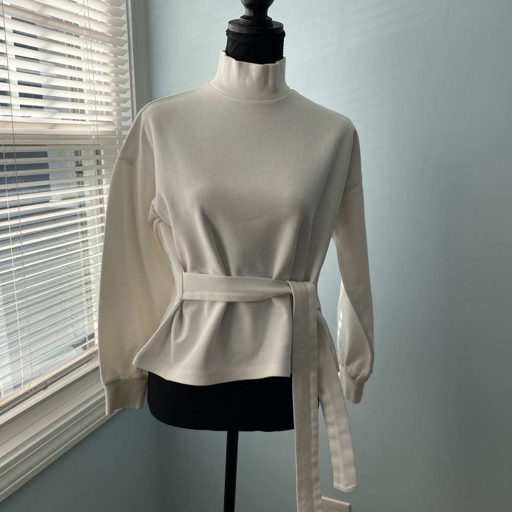 White Belted Turtleneck Sweater